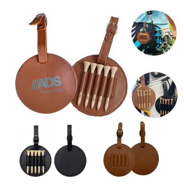 Premium Leatherette Golf Tee Holder Pouch with 5 Wooden Tees