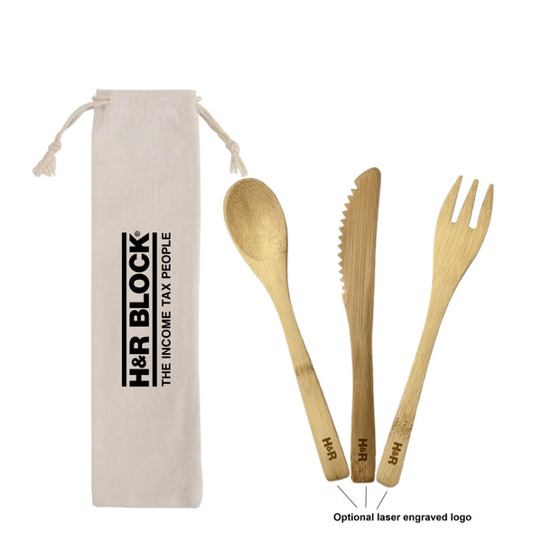 3pcs Bamboo Cutlery Set with Storage Bag