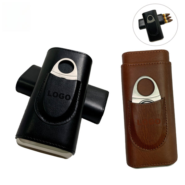 Debossed 3-Finger PU Leather Cigar Case with Cigar Cutter
