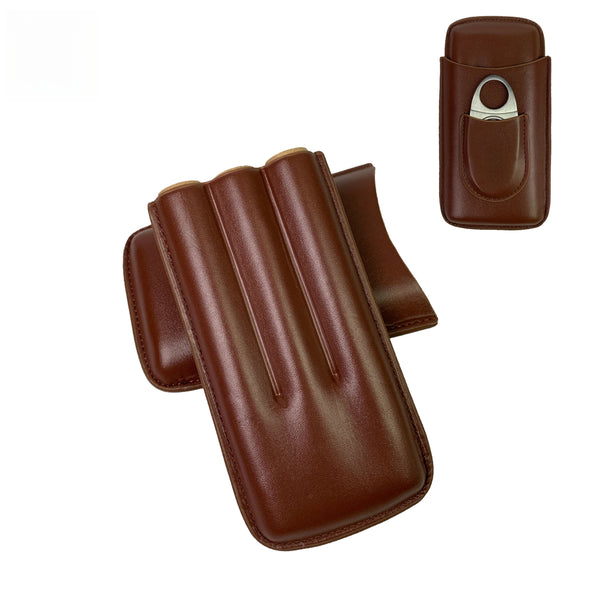 3-Finger Brown Portable Leather Cigar Case with Cigar Cutter
