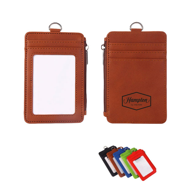 Vertical PU Leather ID Badge Holders with Lanyard