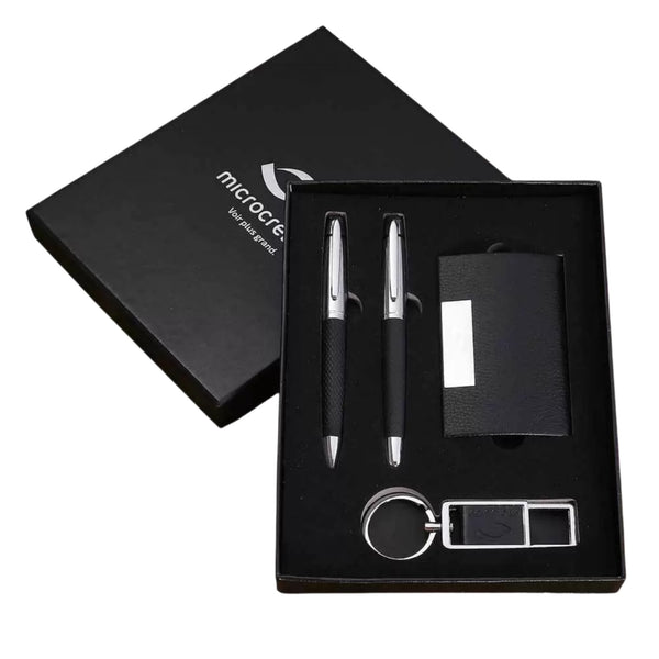 Luxury Office 4-Piece Gift Set, Business Card Holder, Two Pens and Keychain