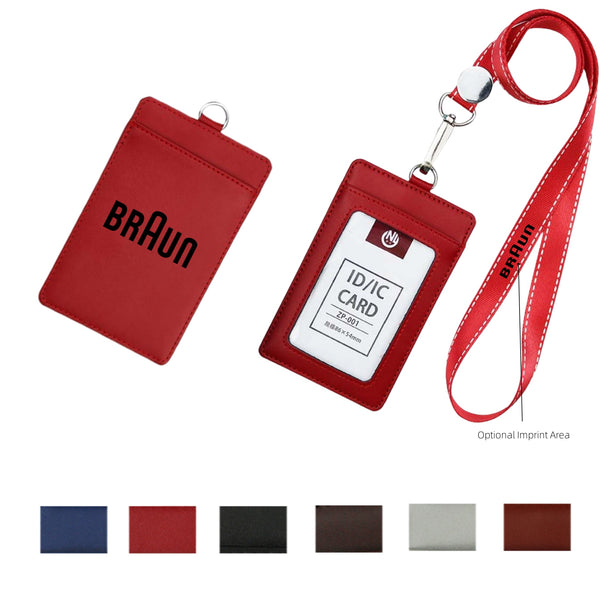 Vertical PU Leather ID Badge Holder with Detachable Neck Lanyard Strap