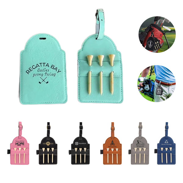 Leather Golf Bag Tag with 3 Tees Set